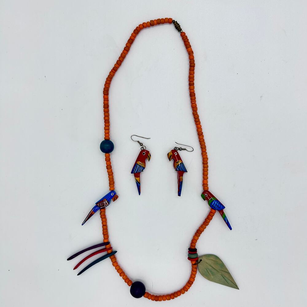 Vintage Parrot Necklace Earring Set Boho Tropical Bird Wood Bead Costume Jewelry
